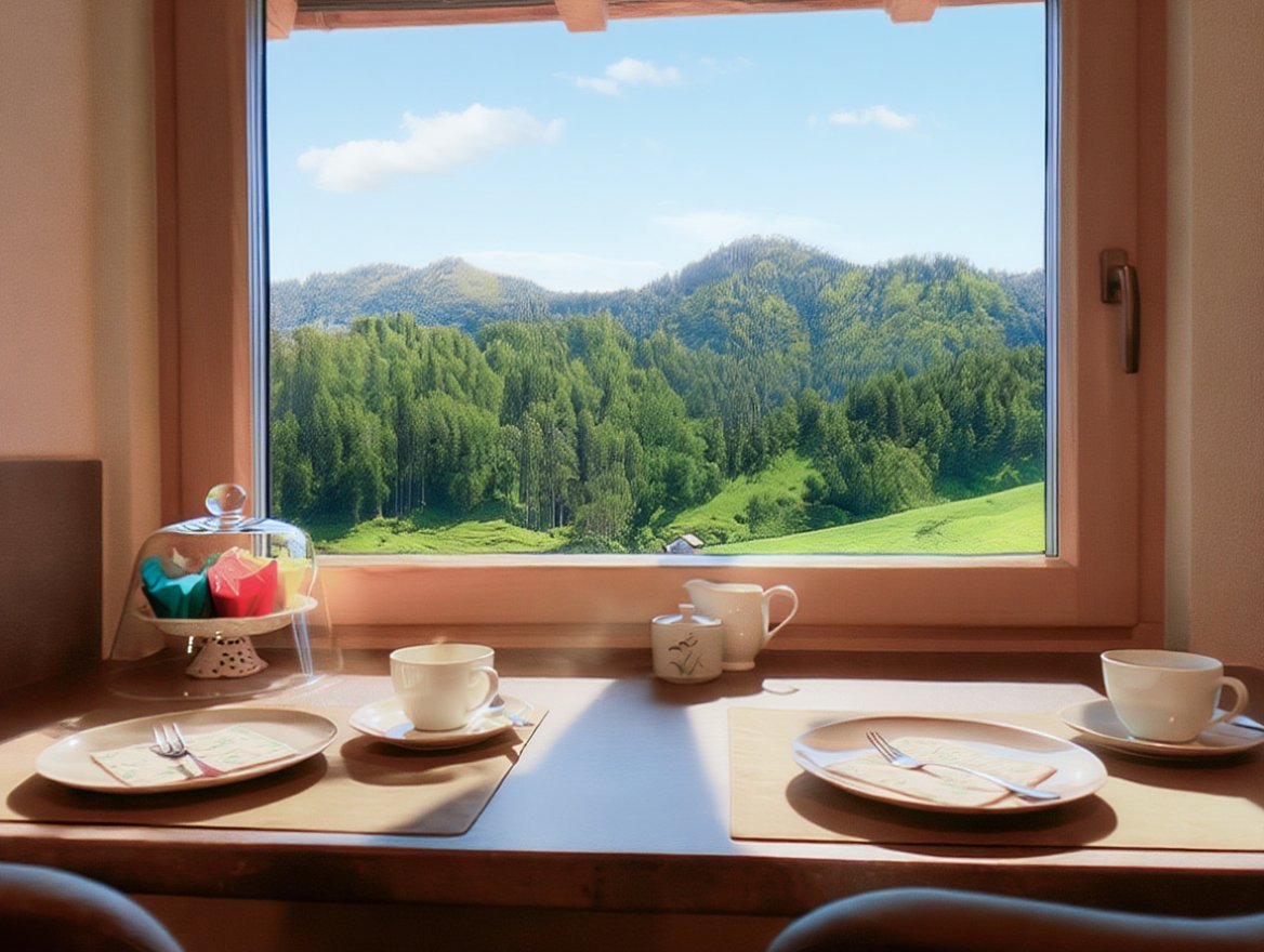 Frühstückstisch mit Blick durchs Fenster auf Schwarzwaldberge